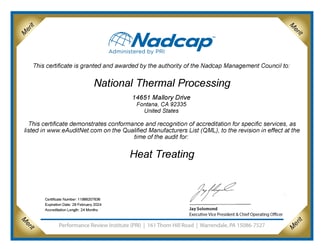Certificate Nadcap (Aerospace) Heat Treating audit # 207636