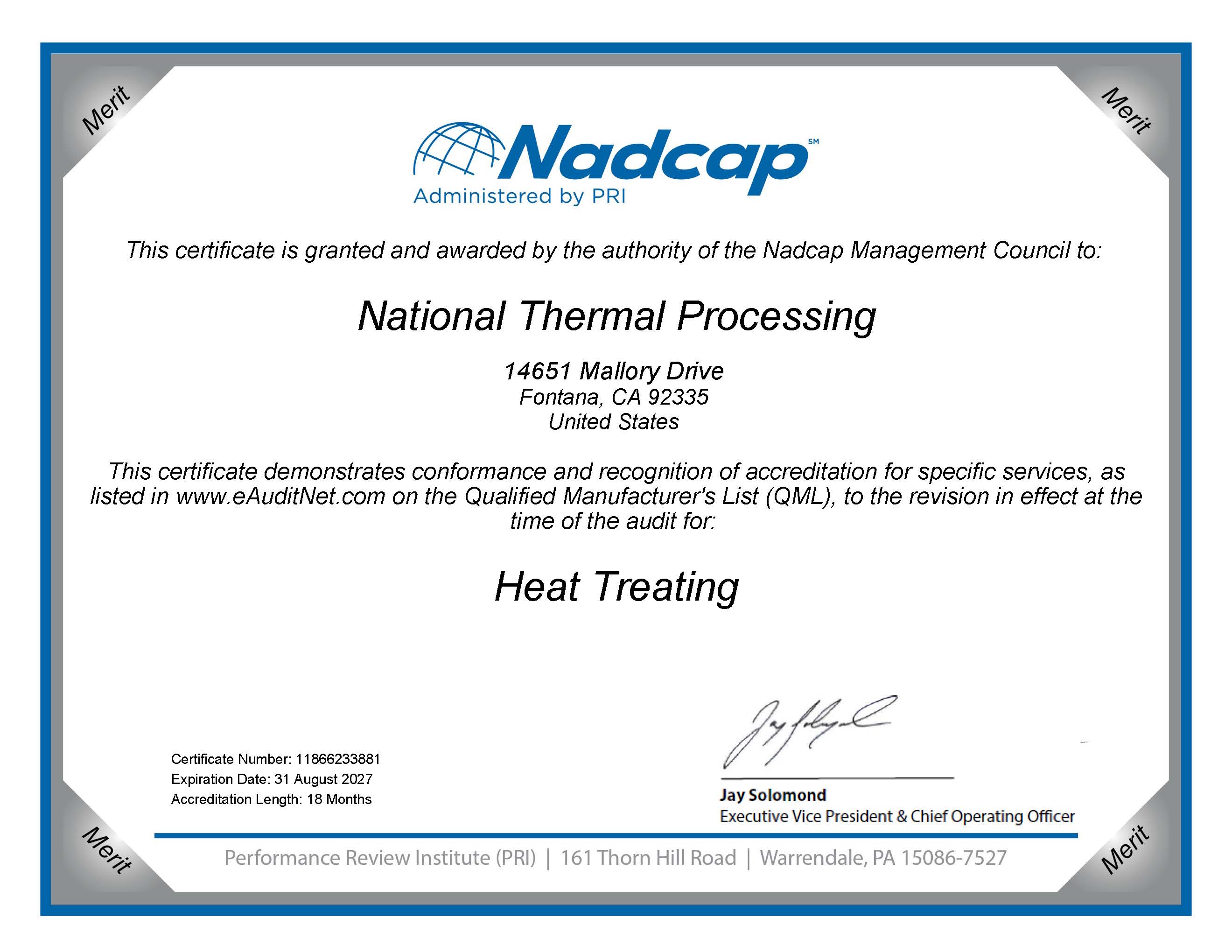 NADCAP Certificate for Heat Treating