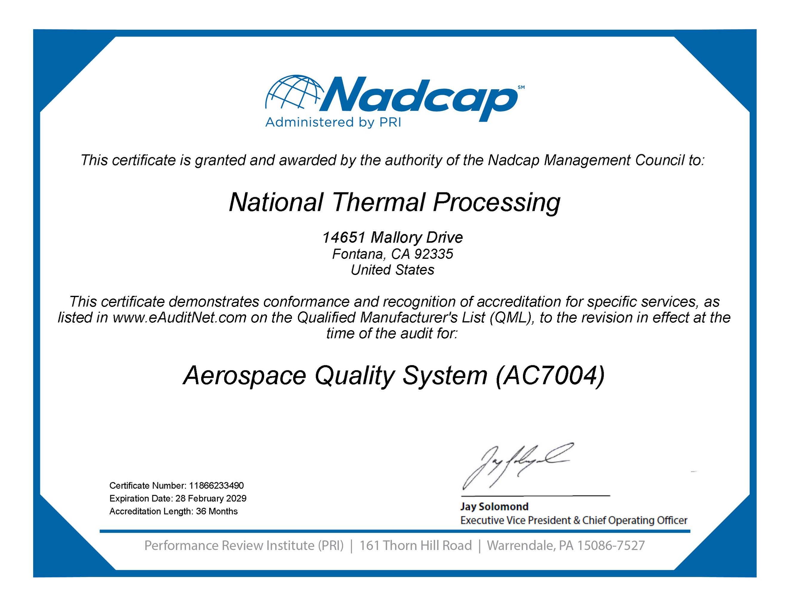 NADCAP Cert Aerospace Quality 